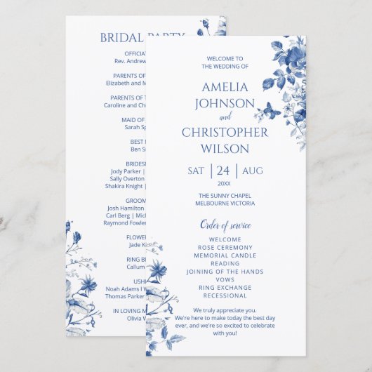 Trouwprogramma Blauwe bloemen (Voorkant / Achterkant)