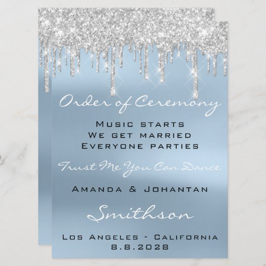 Trouwprogramma Blauwe Roos Drips Glitter Sneeuw Kaart (Voorkant / Achterkant)