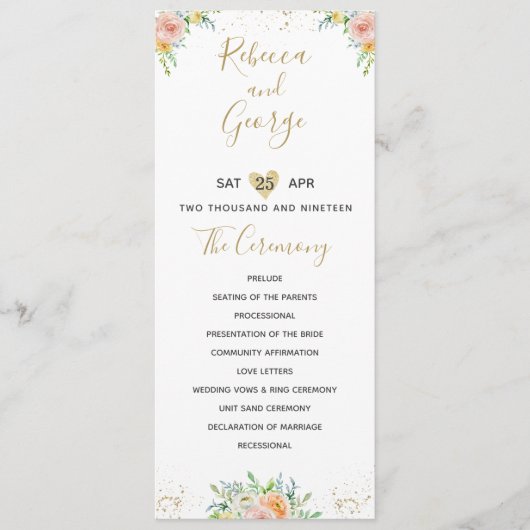 Trouwprogramma bloemenblush en goud elegant programmakaart (Voorkant)