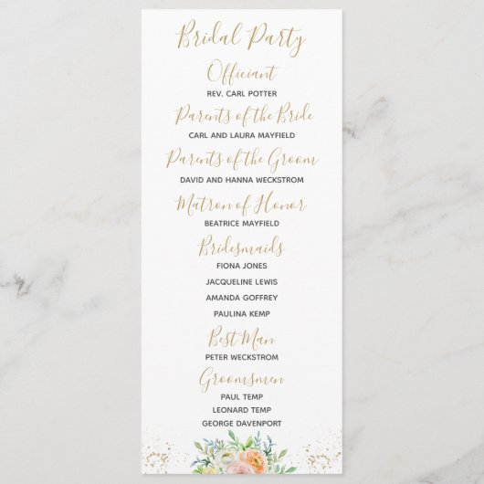 Trouwprogramma bloemenblush en goud elegant programmakaart (Achterkant)