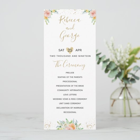 Trouwprogramma bloemenblush en goud elegant programmakaart (Staand voorkant)