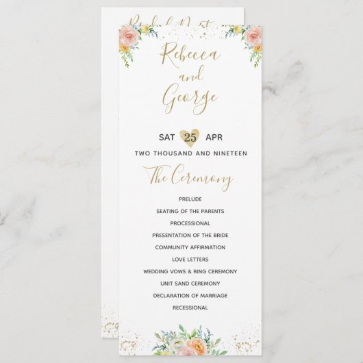 Trouwprogramma bloemenblush en goud elegant programmakaart (Voorkant / Achterkant)