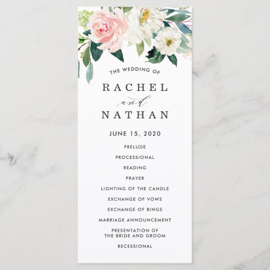 Trouwprogramma 'Blush White Bloom Floral' Programmakaart (Voorkant)