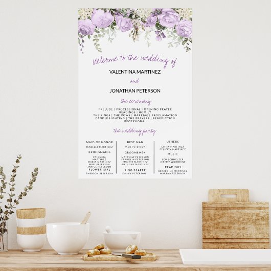 Trouwprogramma Bord Grootte Paarse Roos Bloemig Poster (Keuken)