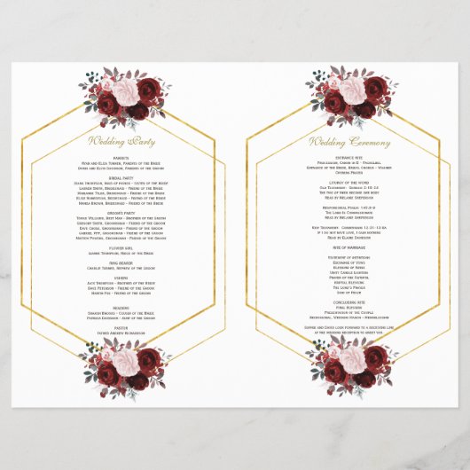 Trouwprogramma Charm Burgundy Roze Bloem Motief Go Flyer (Achterkant)