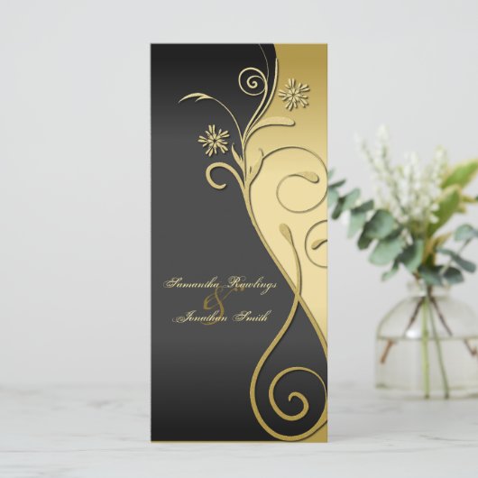 Trouwprogramma - Classy Black & Gold Bloemen Programmakaart (Staand voorkant)
