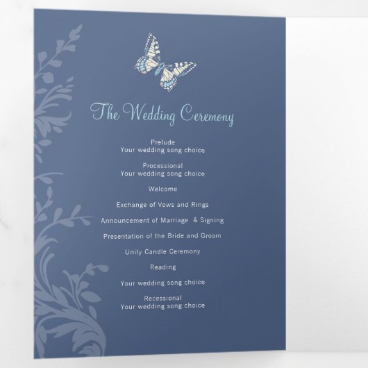 Trouwprogramma donkerblauwe vlinders liefdesverhaa drieluik programma (Binnenzijde eerst)