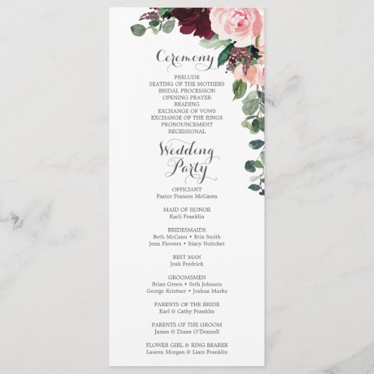 Trouwprogramma Dubbelzijdig Blush Bourgogne Programmakaart (Achterkant)