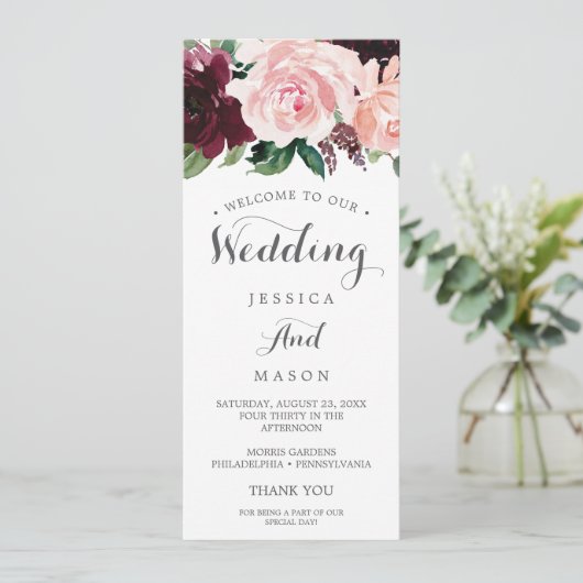 Trouwprogramma Dubbelzijdig Blush Bourgogne Programmakaart (Staand voorkant)