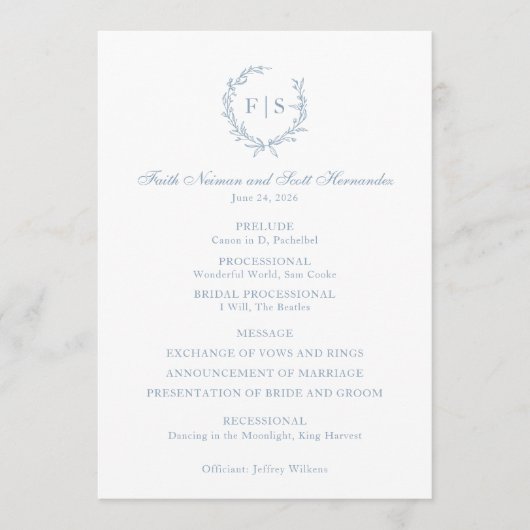 Trouwprogramma Dusty Blue Monogram Krans Programmakaart (Voorkant)