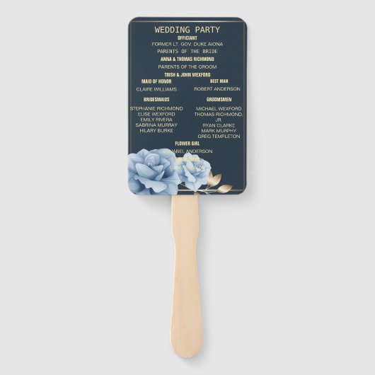 Trouwprogramma Elegant Middennacht blauw bloem Handwaaier (Achterkant)