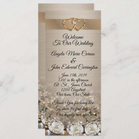 Trouwprogramma elegante diamanten op satijn programmakaart (Voorkant / Achterkant)