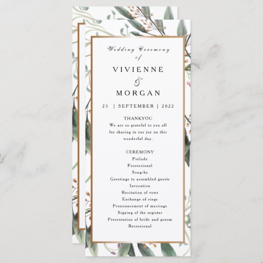 Trouwprogramma elegante waterverf groen bladgoud programmakaart (Voorkant / Achterkant)