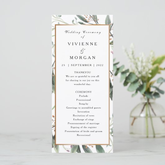 Trouwprogramma elegante waterverf groen bladgoud programmakaart (Staand voorkant)