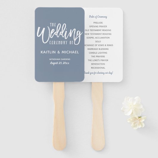 Trouwprogramma Fans | Penseelscript (Dusty Blue) Handwaaier (Voorkant en achterkant)