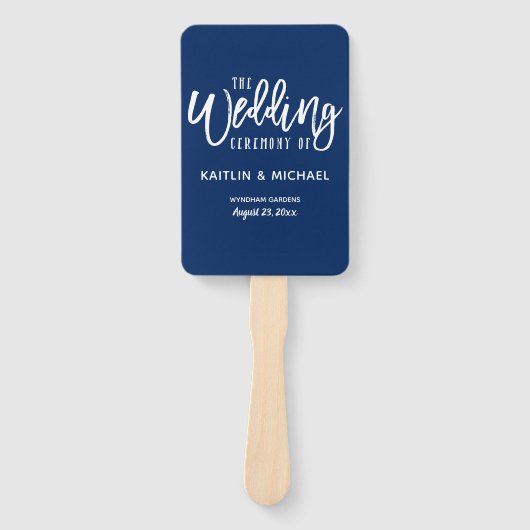 Trouwprogramma Fans | Penseelscript (marineblauw) Handwaaier (Voorkant)