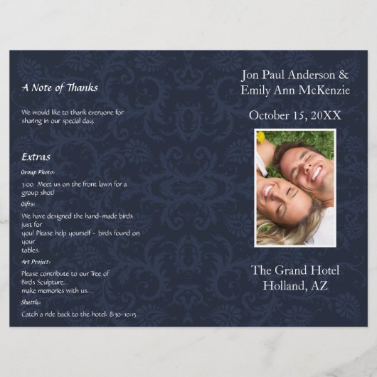 Trouwprogramma foto's marineblauw & wit damast (Voorkant)