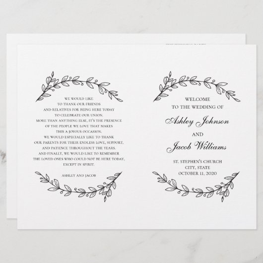 Trouwprogramma gevouwen. Zwart-wit botanisch (Voorkant / Achterkant)