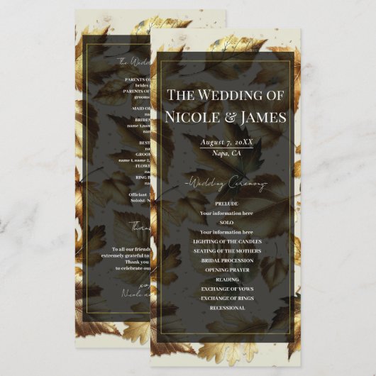 Trouwprogramma Goud blad Amandel Beige & Zwart Programmakaart (Voorkant / Achterkant)