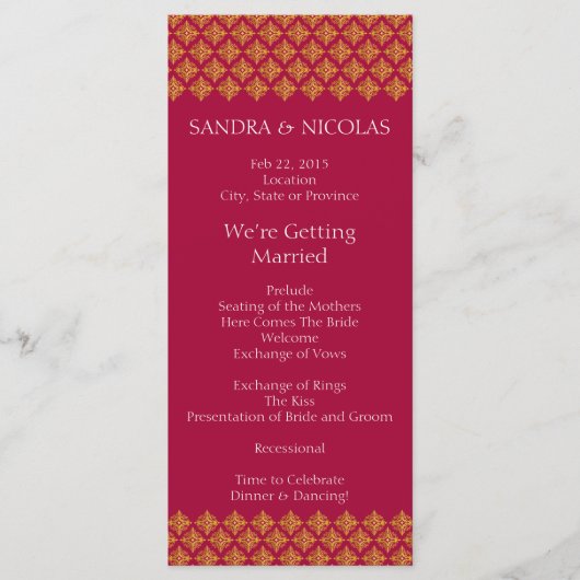 Trouwprogramma goud en rood programmakaart (Voorkant)