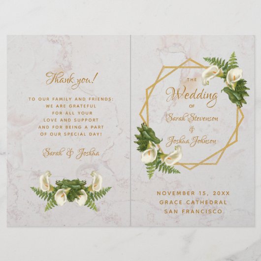 Trouwprogramma Goud Witte Marmeren Calla's (Voorkant)