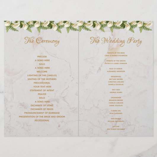 Trouwprogramma Goud Witte Marmeren Calla's (Achterkant)