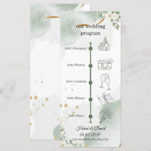 Trouwprogramma Groen en Goud Elegante Bloemen