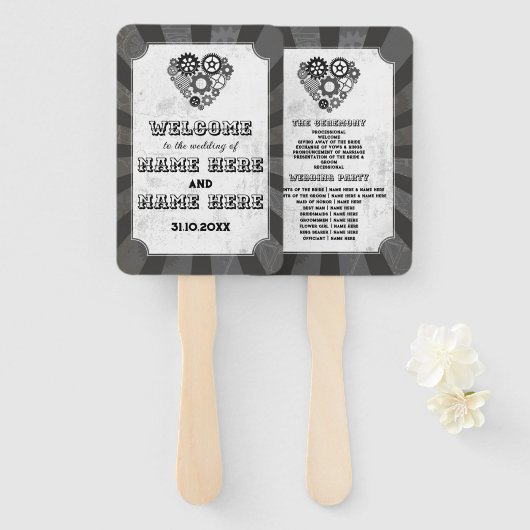Trouwprogramma Hand Fan Steampunk Wedding Heart Handwaaier (Voorkant en achterkant)