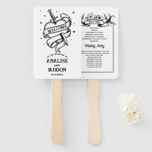 Trouwprogramma Hearts Tattoo Traditioneel Handwaaier (Voorkant en achterkant)