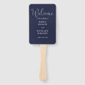 Trouwprogramma in elegante Navyblauwe Script Handwaaier (Voorkant)