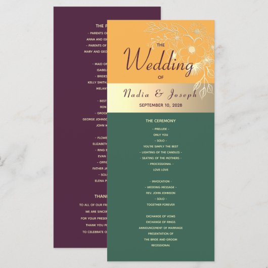 Trouwprogramma in juweeltonen programmakaart (Voorkant / Achterkant)