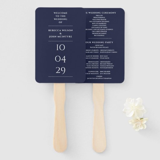 Trouwprogramma in marineblauw voor speciale datum handwaaier (Voorkant en achterkant)