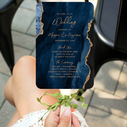 Trouwprogramma in Navy Blauw Goud Agate Schrift Handwaaier