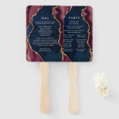 Trouwprogramma in Navy, Burgundy & Goud Agate Handwaaier (Voorkant en achterkant)