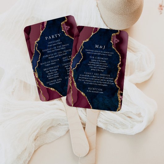 Trouwprogramma in Navy, Burgundy & Goud Agate Handwaaier