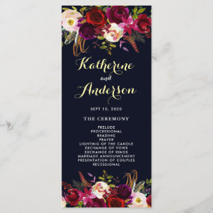 Trouwprogramma in Navy Burgundy Marsala Boho Bloem Programmakaart