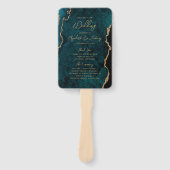 Trouwprogramma in Teal Blauw Goud Agate Schrift Handwaaier (Voorkant)
