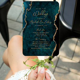Trouwprogramma in Teal Blauw Goud Agate Schrift Handwaaier