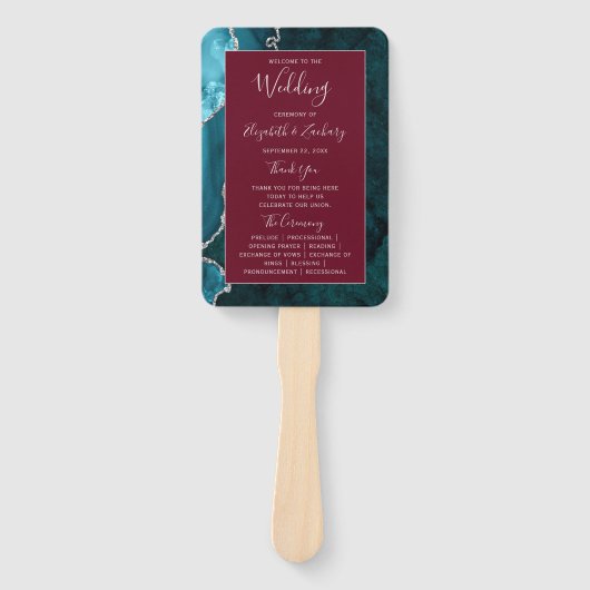 Trouwprogramma in Teal Zilveren Agaat Burgundy Handwaaier (Voorkant)