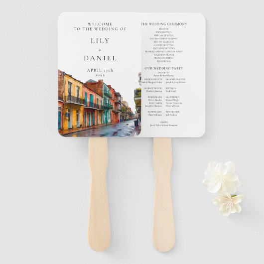 Trouwprogramma in waterverf New Orleans Handwaaier (Voorkant en achterkant)