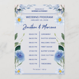 Trouwprogramma kaart – Blauwe bloemen tijdlijn ont