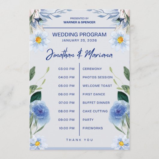 Trouwprogramma kaart – Blauwe bloemen tijdlijn ont (Voorkant)