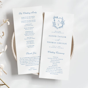 Trouwprogramma kaart met levendig blauwe monogramk
