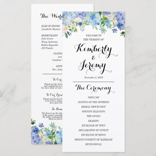 Trouwprogramma kaarten met blauwe hortensia (Voorkant / Achterkant)