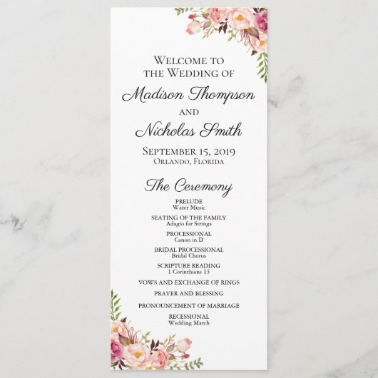 Trouwprogramma Kaarten met rustieke roze bloemen (Voorkant)