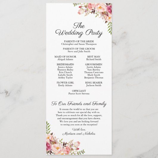 Trouwprogramma Kaarten met rustieke roze bloemen (Achterkant)