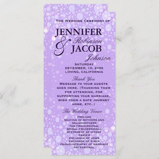 Trouwprogramma | Lavendel Champagne Bubbels Programmakaart (Voorkant / Achterkant)