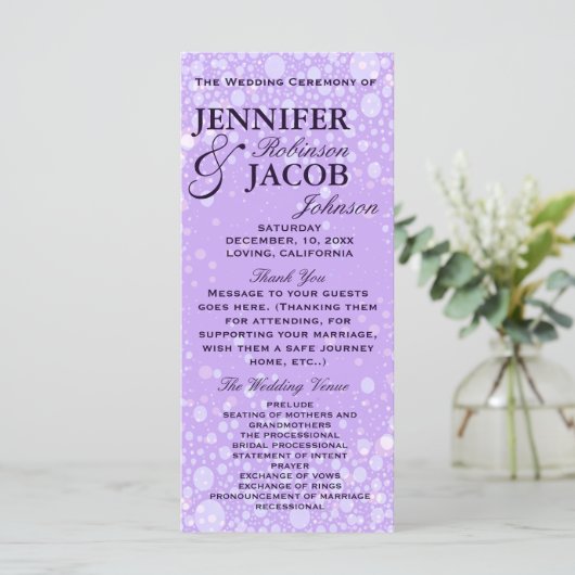 Trouwprogramma | Lavendel Champagne Bubbels Programmakaart (Staand voorkant)