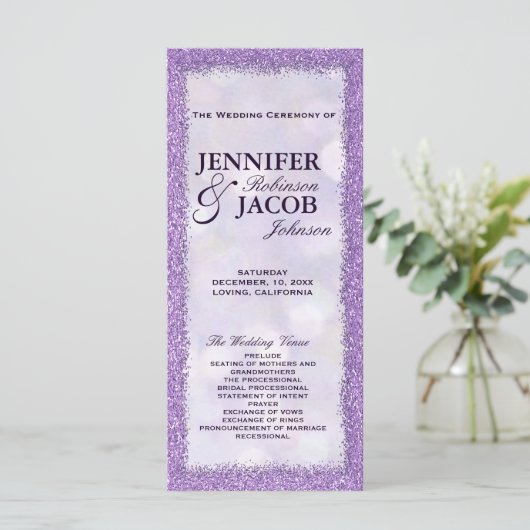 Trouwprogramma | Lavendel met Glitter Lijst Programmakaart (Staand voorkant)