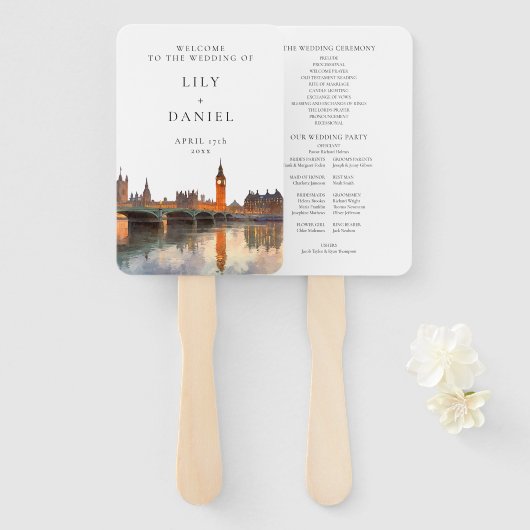 Trouwprogramma Londen Silhouette Aquarel Handventi Handwaaier (Voorkant en achterkant)
